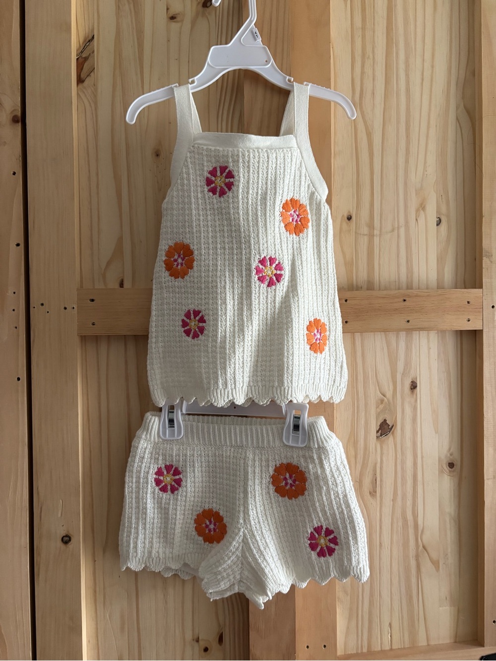 C&C California Cream Knit Tank & Shorts Set with Pink and Orange Embroidery